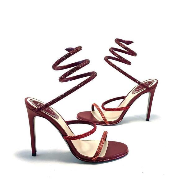 Rene Caovilla Cleo Bordeaux Red Strass Strappy Ankle Wrap Sandal Heel Pump 36.5 - Picture 6 of 12